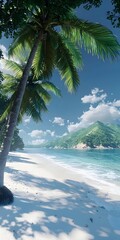 A serene beach scene featuring vibrant green palm trees swaying gently in the breeze, with turquoise waters lapping against the pristine white sands under a bright blue sky.