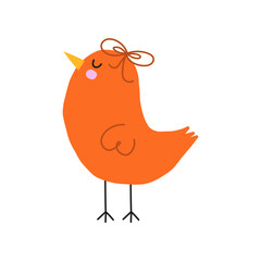 Bird simple illustration. Cute vector red Bird with bow. Spring Baby Birdie. Hand Drawn Illustration on a white background