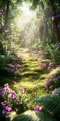 A serene forest scene featuring a sunlit path adorned with vibrant purple flowers, surrounded by lush greenery and ferns, creating a peaceful and enchanting atmosphere.