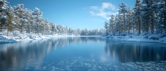 A serene winter landscape featuring a still, icy lake surrounded by snow-dusted pine trees under a clear blue sky, encapsulating the beauty of nature in winter.