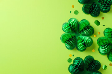 St. Patrick's Day decorations on green background. Flat lay cut out paper four leaf clover,...