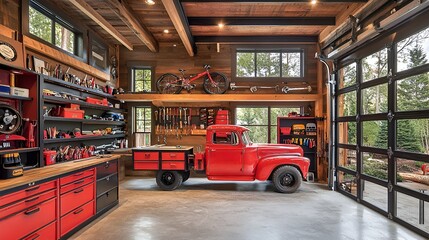 Rustic garage workshop with vintage truck, tools, bike
