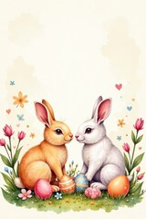 Obraz premium Pastel watercolor rabbits & eggs nestled amongst abstract spring shapes , festive, delicate