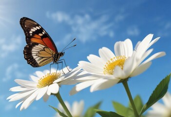 A butterfly resting on a single white flower petal against a clear blue sky background, nature, bloom, petal