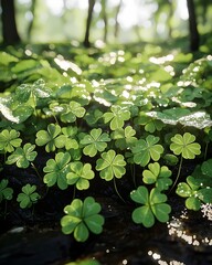 A lush, close-up view of dew-kissed clovers bathed in soft sunlight, creating a serene and vibrant atmosphere in a forest setting.