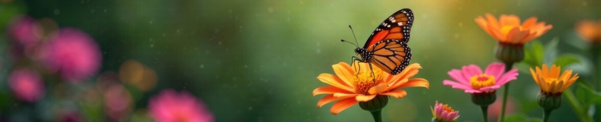 Fototapeta premium A butterfly sips nectar from a vibrant floral arrangement , beauty, butterflies, flowers