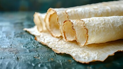 Close-up of rolled parchment paper on a textured surface with natural lighting