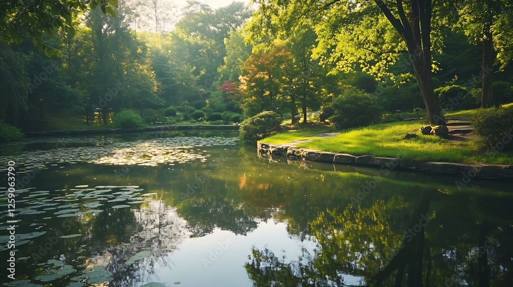 Poster lush green park with calm water and reflections surrounded by dense trees and vibrant foliage during