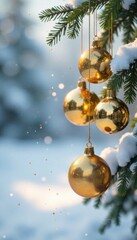 A collection of shiny golden ornaments swaying gently on a thin wire, set against a pure snowy background, christmas decorations, suspended, ornaments