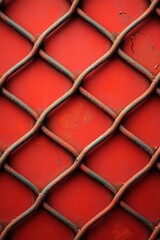 Fototapeta premium Red textured fence with metal grid pattern and weathered rust details in industrial setting