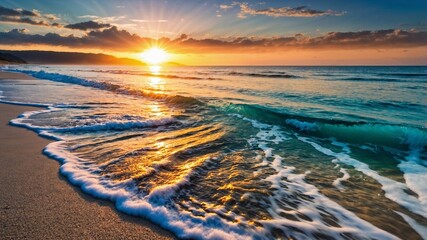 Sunrise reflects on waves as day breaks over tranquil ocean landscape