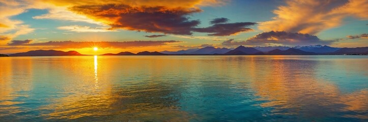Stunning sunset over a calm lake reflecting brilliant colors in the sky and mountains during twilight hours