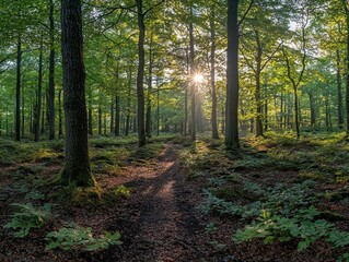 Naklejka premium Beautiful panoramic view of a lush forest with sunlight streaming through.