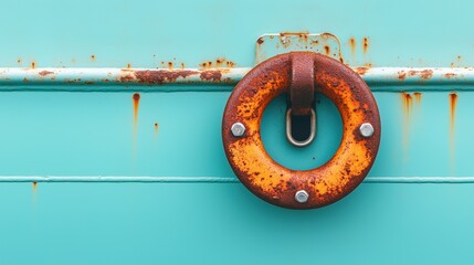 Weathered orange and rusty round ring on a turquoise wall with weathered textures and peeling paint...