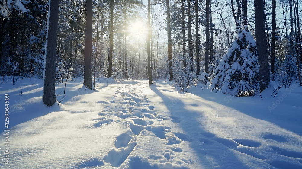 Aufkleber beautiful sunlit winter forest path with fresh snow and gentle sun rays shining through trees : gene