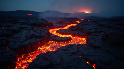 Fototapeta premium La lava fluye por la tierra formando un nuevo paisaje