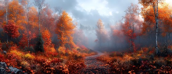 A serene autumn landscape showcasing vibrant red, orange, and yellow foliage enveloped in a misty atmosphere, creating a tranquil and captivating scene.