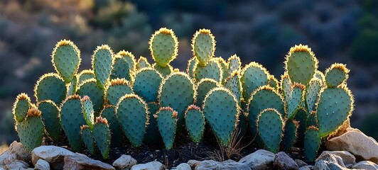 A vibrant cluster of green prickly pear cacti bathed in golden sunlight, showcasing their unique shapes and spiky textures against a soft, blurred background.