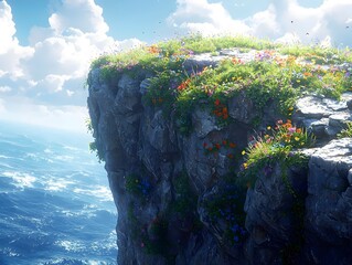 A vibrant cliff overlooking a tranquil ocean, adorned with colorful wildflowers, creating a serene and picturesque landscape under a bright blue sky with fluffy clouds.