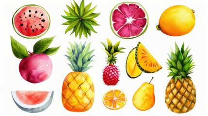 A vibrant collection of handpainted tropical fruits in watercolor, perfect for summerthemed designs and decorative projects.
