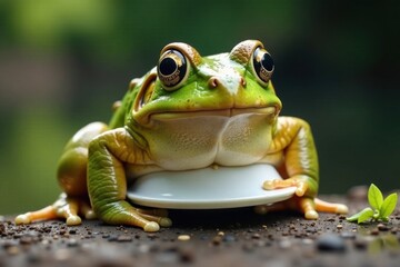 Fototapeta premium A large frog with a white plastic plate on its belly, fish, nature, white plate