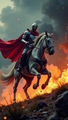 Fototapeta premium A knight on horseback riding towards a dragon breathing flames , dragons, fantasy, knights