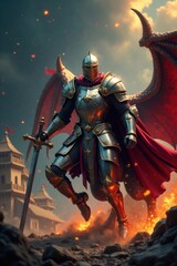 Fototapeta premium A knight in shining armor charges at the dragon's scales , fighting, battle