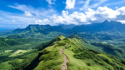 Obraz premium Breathtaking Landscape View from a Mountain Top Overlooking Lush Green Valleys and Blue Sky : Generative AI