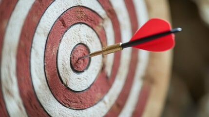 Dart hits the bullseye on an old wooden target, achieving goal concept