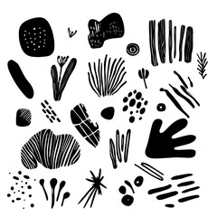 Abstract organic shapes and doodles in black vector on a white background, a set of hand-drawn elements for design with ink lines and textures. Vector illustration. Flat lay style.