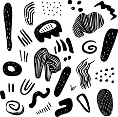 Abstract organic shapes and doodles in black vector on a white background, a set of hand-drawn elements for design with ink lines and textures. Vector illustration. Flat lay style.