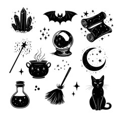 Set of cute, simple black and white icons featuring witchy elements like a cauldron, broom, bat in the moonlit sky, a potion bottle with a spider web, and stars, all in a vintage magic style.
