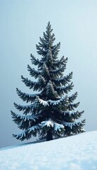 Obraz premium A lone pine tree stands tall amidst a blanket of fresh snow, coniferous forest, snow-covered terrain, evergreen tree