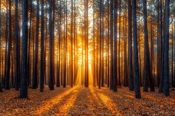 A serene autumn forest scene featuring tall trees bathed in the warm golden light of sunset, with vibrant orange leaves carpeting the ground, creating a tranquil and magical atmosphere.