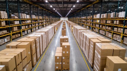 Expansive Warehouse Interior with Stacked Boxes on Pallets