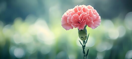 A delicate pink carnation blooms gracefully atop a slender green stem, set against a soothing blurred background of soft greens, evoking a serene and harmonious mood.