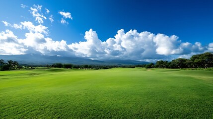 Fototapeta premium Panoramic View of a Lush Green Golf Course with Blue Skies : Generative AI