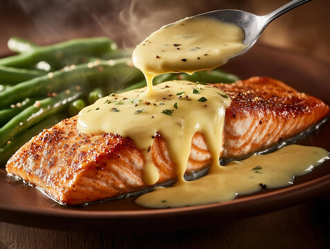 Sauce hollandaise sur un filet de saumon grill&eacute; avec des haricots verts
