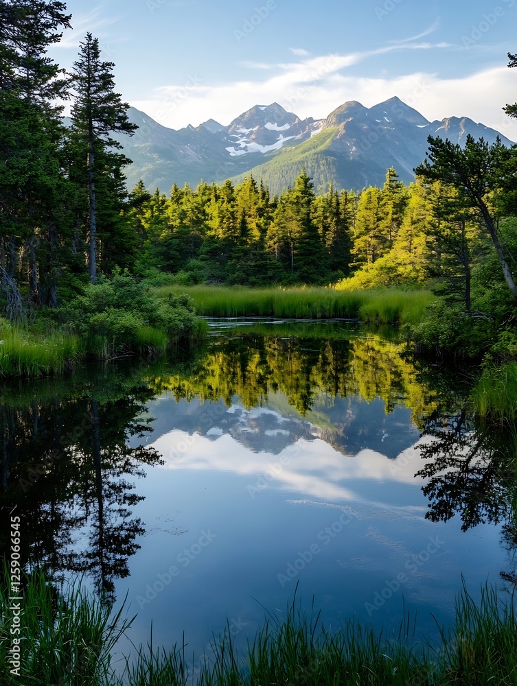 Poster tranquil mountain reflection in serene lake surrounded by forest : generative ai