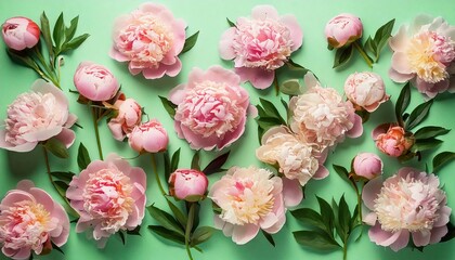 Beautiful arrangement of peonies on a light green background showcasing floral elegance