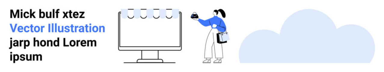 Woman interacting with large screen, cloud symbol in background, combining digital innovation and creativity. Ideal for technology, business, education, innovation, online tools, collaboration flat