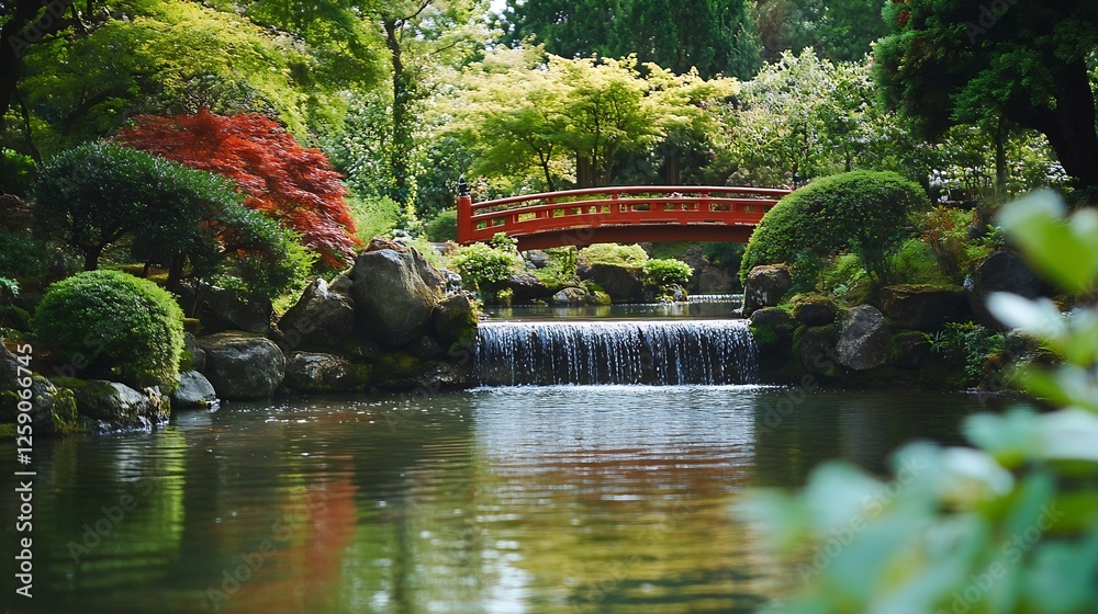 Poster serene japanese garden with a tranquil bridge and cascading waterfall surrounded by lush greenery : 