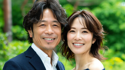 A joyful Asian couple in midlife beaming at the camera, radiating warmth and happiness against a plain background.