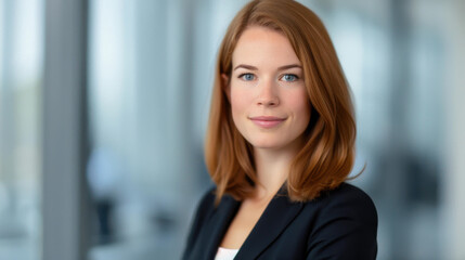 Obraz premium Confident ginger businesswoman beams with success in a sleek, contemporary office environment, exuding professional charm.