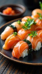 A plate of sushi with various fish and seaweed rolls , seafood, roll, seaweed