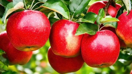 Obraz premium Fresh Red Apples Hanging on Tree Branch in Vibrant Orchard Scene