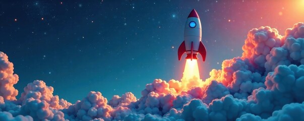 Fototapeta premium A rocket ship blasting off from an upward trend on a blue graph, blast, upward, accelerate