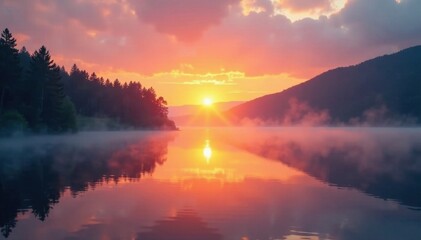 Fototapeta premium A serene lake at sunrise with mist rising from the water, peaceful, sunrise