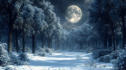 A serene winter landscape featuring a full moon illuminating a snow-covered forest. The tranquil scene evokes a sense of calm and wonder under the starry sky.