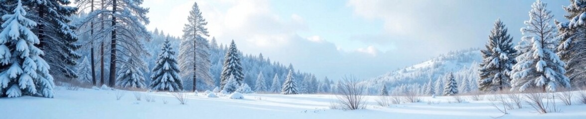 A serene snowy forest with bare branches and snow-clad pine trees against a pale blue sky, snowy landscape, forest scene, trees in winter